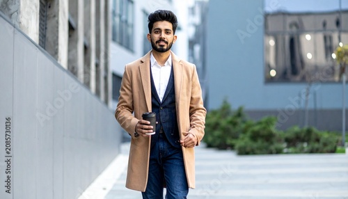 Man walking with coffee outdoors