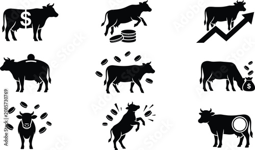Принти на полотні Cash Cow and Financial Livestock Icon Set Representing Money Growth, Savings, In