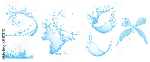 Tableau sur toile Set of blue water splashes, including a wave, burst, and butterfly shape on whit