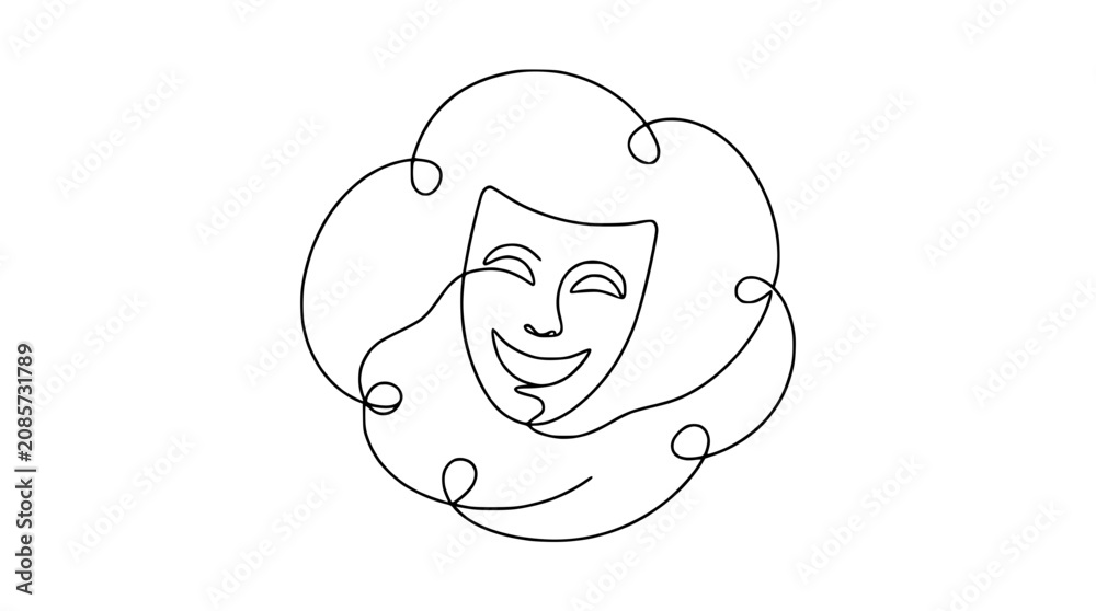 Obraz premium Continuous Line Drawing of a Happy Theater Mask with Curly Hair