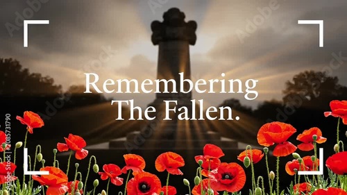 Solemn monument surrounded by vibrant poppies at sunrise, honoring remembrance