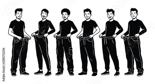 Tableau sur toile Men adjusting pants black and white vector illustration on white background
