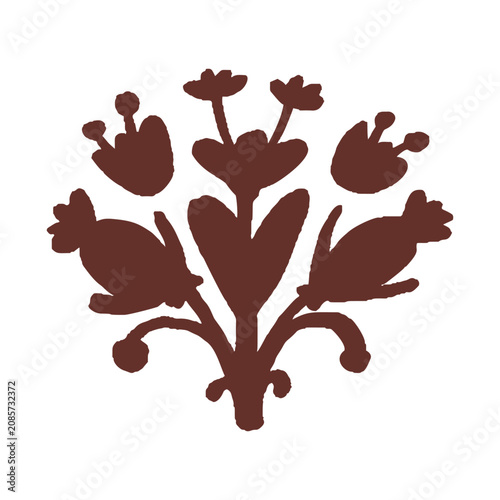 Hand drawn folk art floral greeting card motif silhouette. Flat isolated on white background vector illustration. Botanical scandi summer nature design element. Quirky flower block print sticker