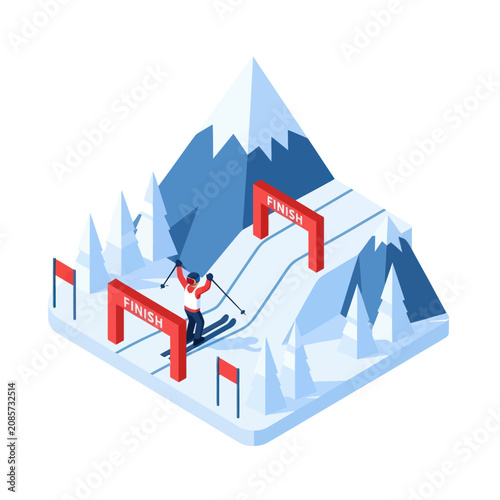 Isometric illustration of skier racing down mountain slope.
