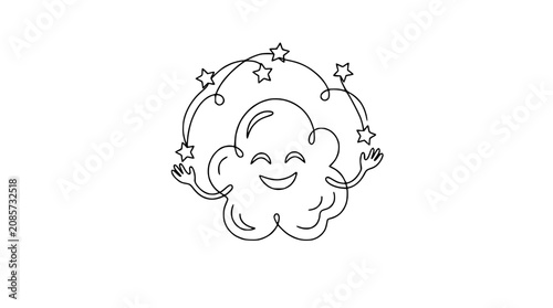 Photos Happy cartoon cloud character with stars around its head, simple line art