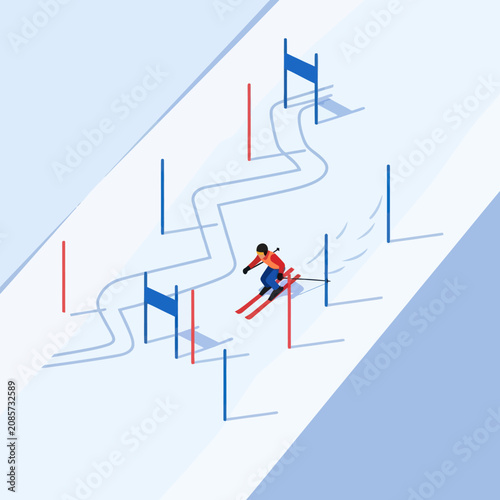 Fotografija Illustrated skier navigating slalom course on snowy slope.