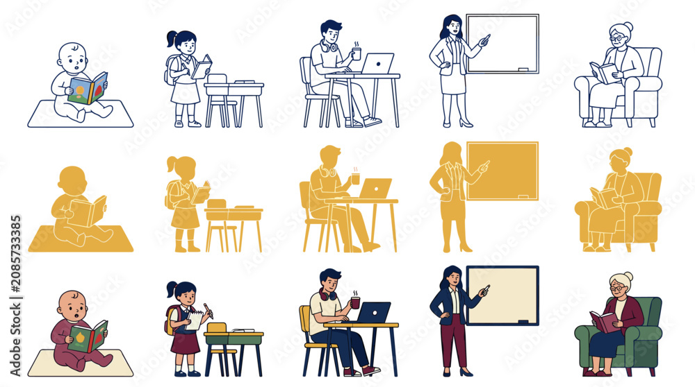 Fototapeta premium Collection of vector silhouettes representing education and learning, including students reading, teachers instructing, and group discussions, in