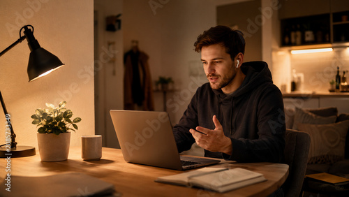 Young man concentrating on evening video call in small apartment office