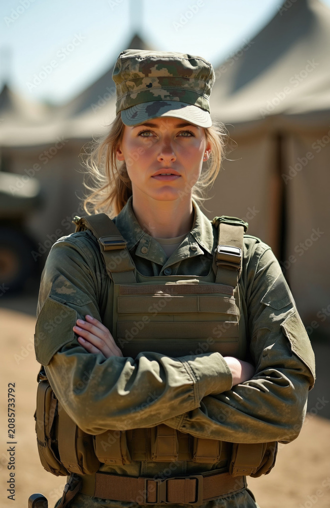 Fototapeta premium Woman soldier in camouflage uniform and body armor stands with crossed arms. Military base tents and vehicle in background. She looks at the camera with serious expression, ready for duty.