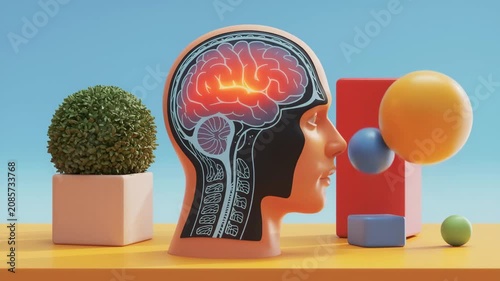 Abstract brain visualization in minimalist scene with geometric shapes and plant during bright day