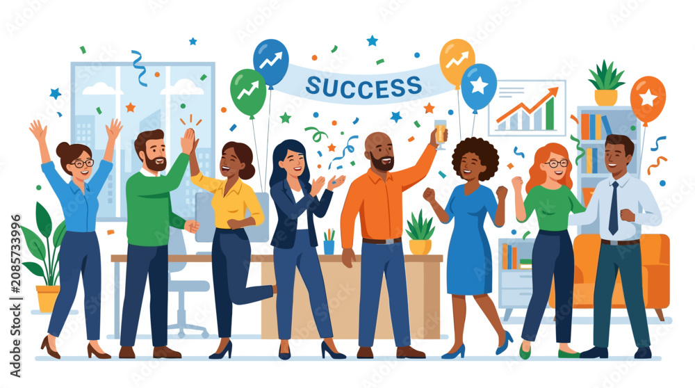 Obraz premium Diverse business team celebrating success with balloons and confetti in office