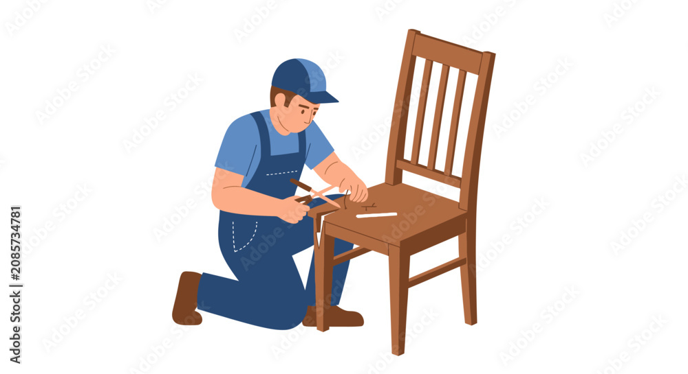 Fototapeta premium Professional Carpenter Repairing a Wooden Chair Vector Illustration - Handyman in Blue Overalls Fixing Furniture
