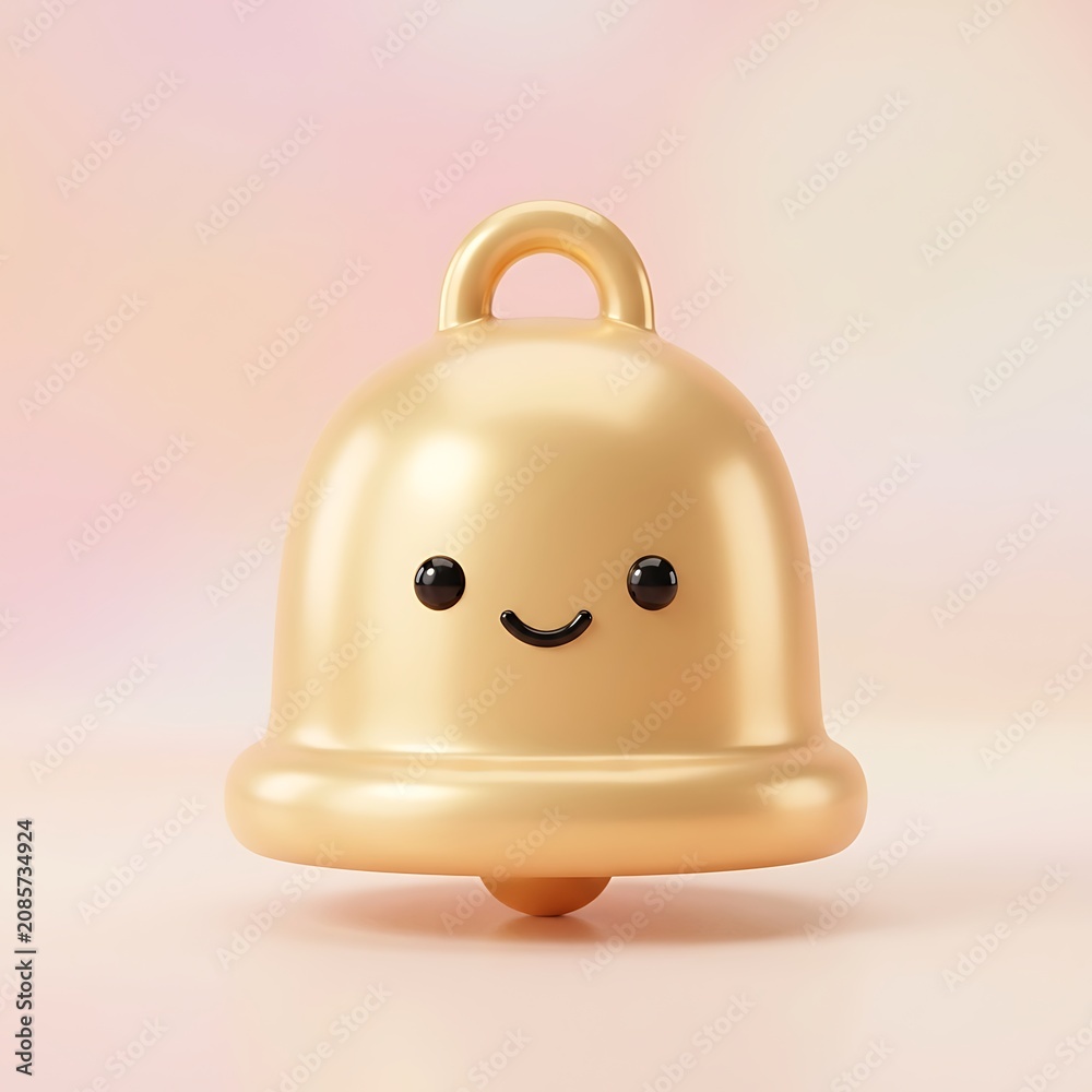 Fototapeta premium Golden bell character with smiley face on pastel background, cute cartoon illustration , Marry Christmas, Marry Christmas 2027, Happy New Year 2027, Christmas Holiday 2027 