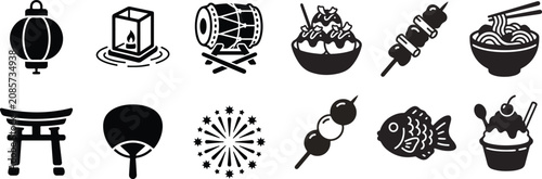 Bild auf Leinwand Japanese Summer Festival Icon Set, Matsuri Elements Vector Illustration in Black