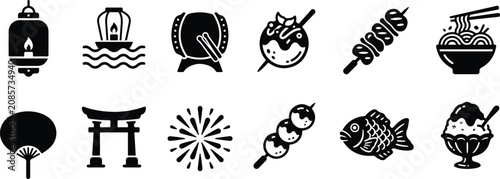 Foto Japanese Summer Festival Matsuri Black Glyph Icon Set