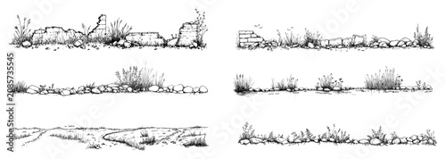 Tableau sur toile Ancient ruins and old stone wall borders with overgrown vegetation in engraving