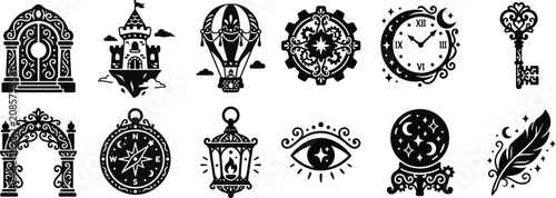 Bild auf Leinwand Mystical and Fantasy Vector Icon Set with Steampunk, Magic, and Fairy Tale Eleme