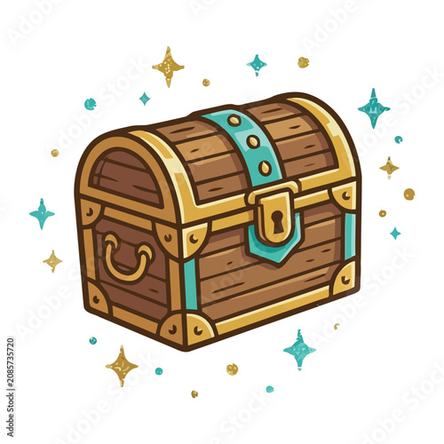 A Cartoon Illustration of a Locked Wooden Treasure Chest Surrounded by Glowing Magic Particles