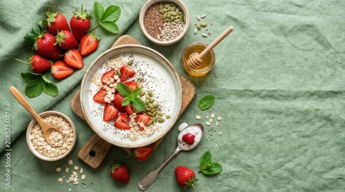 Schilderij op canvas Healthy strawberry yogurt bowl with oats, seeds, and honey for a nutritious brea