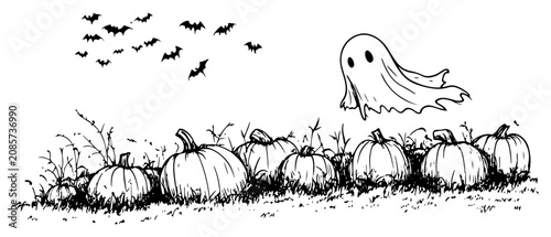 Konstfotografi Ghost flying over pumpkin patch with bats in sketch style