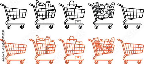 Set of ten shopping cart vector illustration icons featuring simple black and orange on transparent background