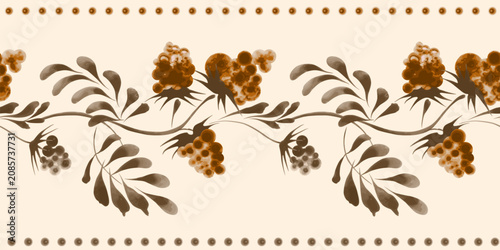 Fotografía Border vector seamless pattern from bronze colored raspberry branches on a beige