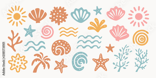 Seaside Elements Vector Illustration With Shells Stars And Suns
