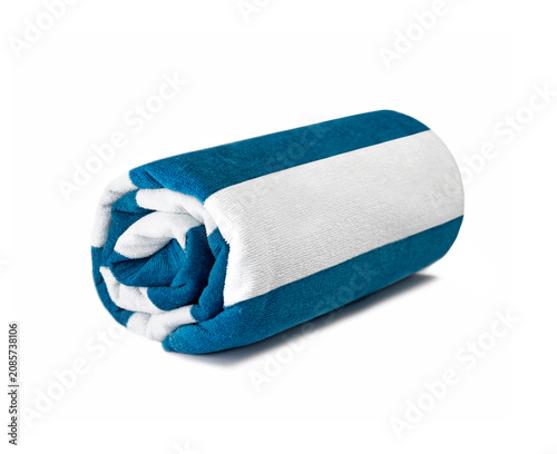 Beach rolled towel white blue stripes isolated.Summer item.