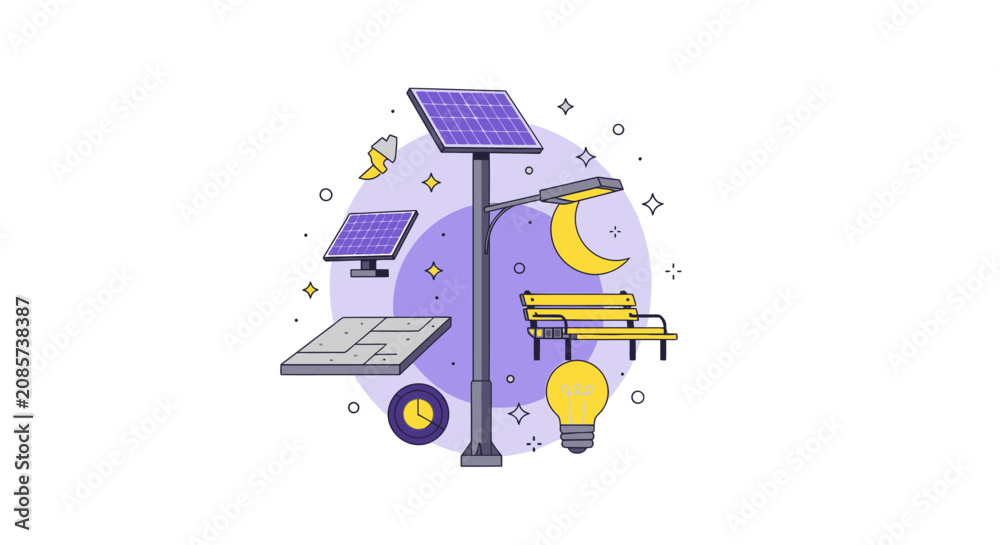 Obraz premium Smart City Solar Street Light and Renewable Energy Illustration. Sustainable Urban Lighting Infrastructure with Solar Panels and Eco Icons in Flat Line Art Style.