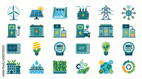 Obraz na plátně Set of isolated green energy and renewable power source flat icons collection
