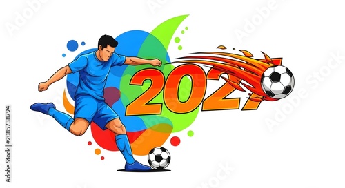 Soccer player kicking ball with 2027 text and colorful background, football