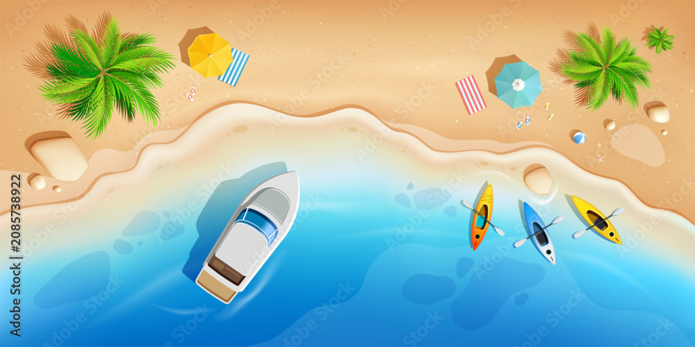Fototapeta premium Summer holiday, sea and beach coconut trees, boat, beach umbrella banner design Landscape background
