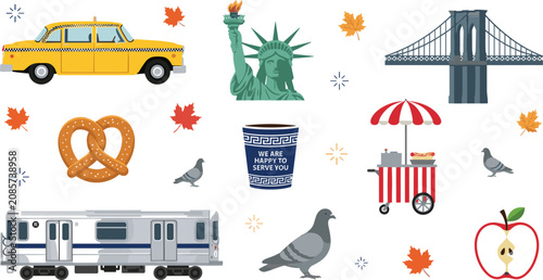 Tableau sur toile New York City Landmark and Icon Vector Element Set Featuring Yellow Cab, Statue