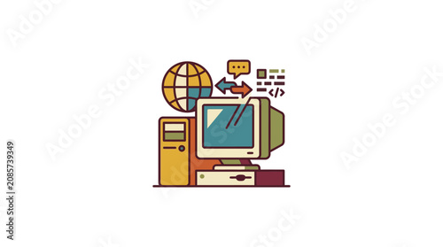 Retro 90s Internet Startup Server Icon with Globe, symbolizing global connectivity, data, and early web technology.