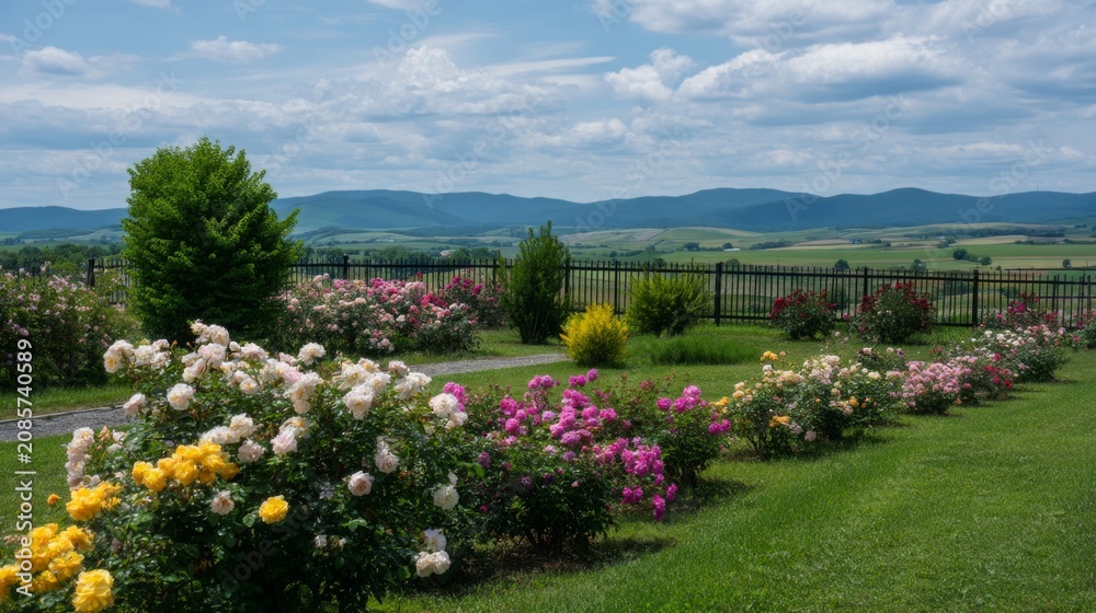 Obraz premium Beautiful Blooming Garden with Colorful Roses Against a Scenic Mountain Landscape and Clear Blue Sky