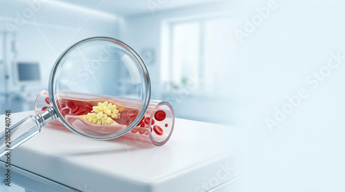 Cholesterol biosynthesis blood vessel artery plaque magnifying glass medical laboratory research healthcare diagnosis showing artery plaque buildup magnifying glass clinical laboratory concept