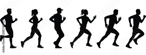 Photos Six black silhouettes of running people in various poses isolated on a plain whi