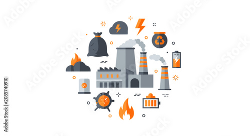 Waste to Energy and Industrial Sustainability Flat Vector Illustration with Factory, Recycling, and Pollution Icons