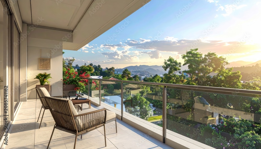 Fototapeta premium Modern balcony overlooking a beautiful landscape at sunset.