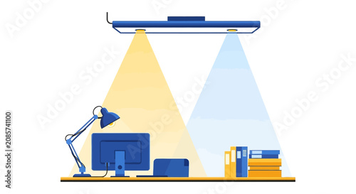 Modern Flat Vector Illustration of a Workplace with Computer Monitor, Desk Lamp, and Overhead Spotlights