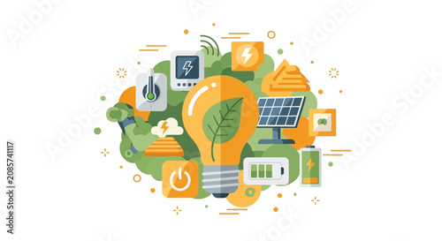 Sustainable Green Energy Concept Vector Illustration - Eco Friendly Power, Solar Panels, Battery, and Renewable Technology Icons on White Background