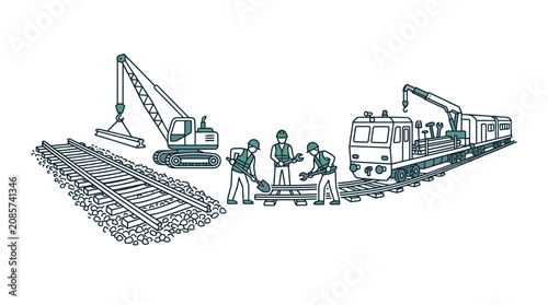 Railway Construction and Maintenance Crew with Crane and Train