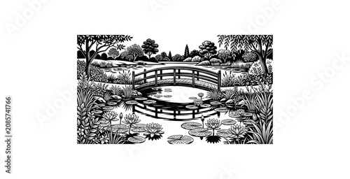 Foto Japanese Garden Bridge and Lily Pond Vector Illustration