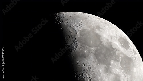 Close up view of the moon surface with craters in the dark night sky