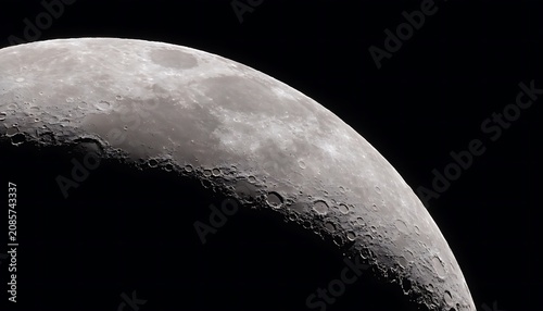 Close up view of the waxing crescent moon surface with visible craters against black sky