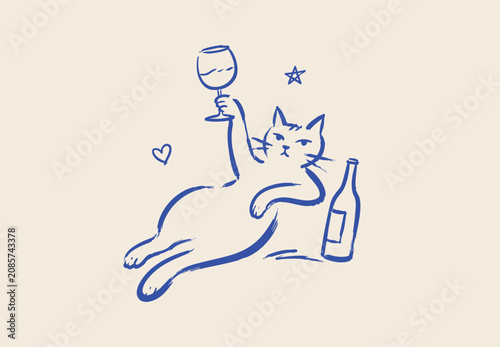 Funny cat drinking wine doodle vector illustration with bottle glass and playful hand drawn blue line art