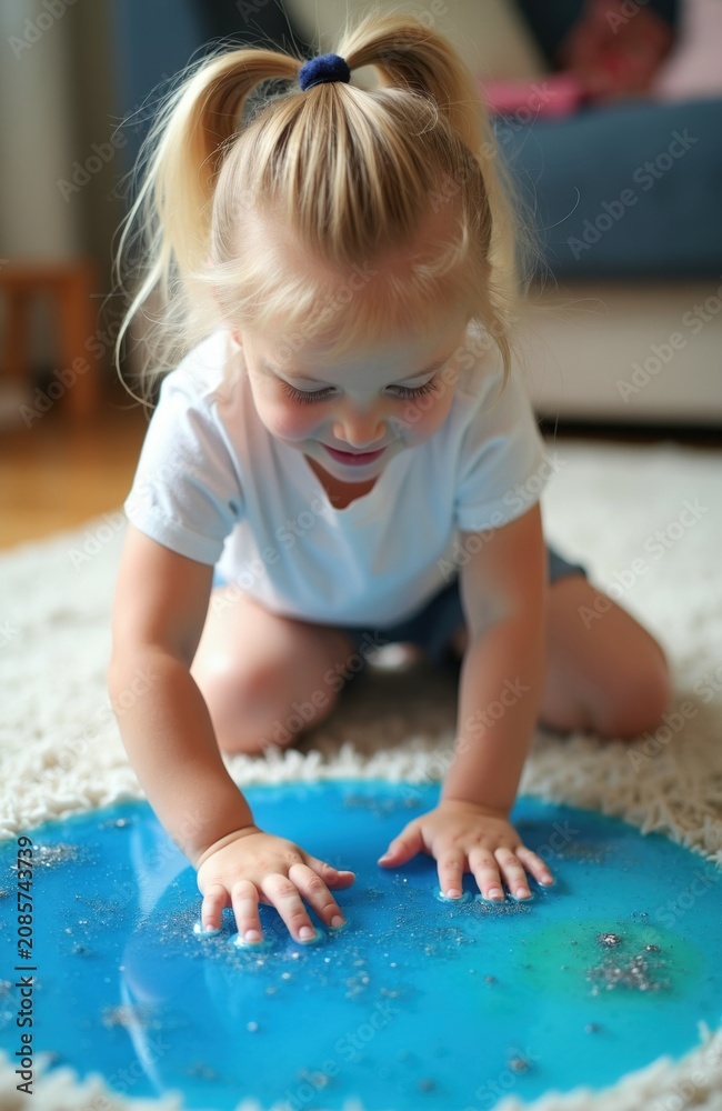 Fototapeta premium Little girl hits blue gel mat with hands. Child explores tactile sensory liquid, develops motor skills and hand-eye coordination. Indoor play and learning activity.