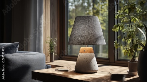 Modern table lamp with textured shade and wooden base in cozy living room setting with natural light and greenery from large windows