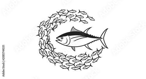 Slika na platnu Tuna fish surrounded by a circular school of smaller fish demonstrates the natural behavior of marine life and ocean ecosystem patterns