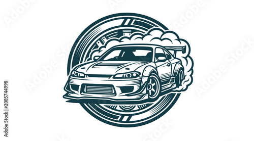 Quadro su tela Monochrome vector illustration of a modified JDM sports car drifting with smoke clouds, set inside a circular automotive wheel rim emblem, high-performance tuning car design